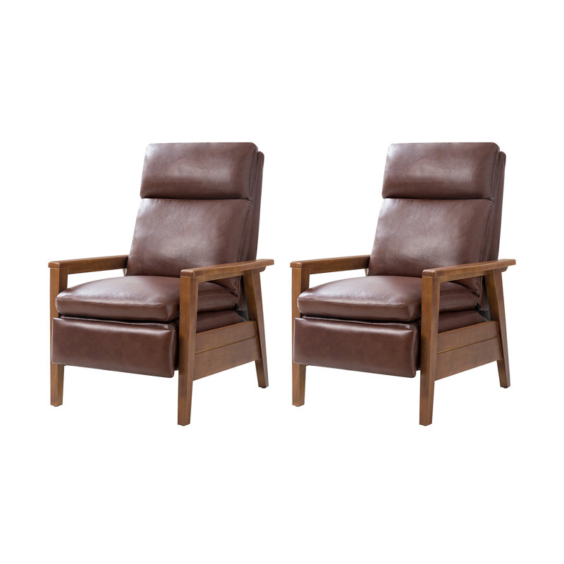 Gladys Mid-Century Modern Genuine Leather Pushback Recliner, Brown Genuine Leather