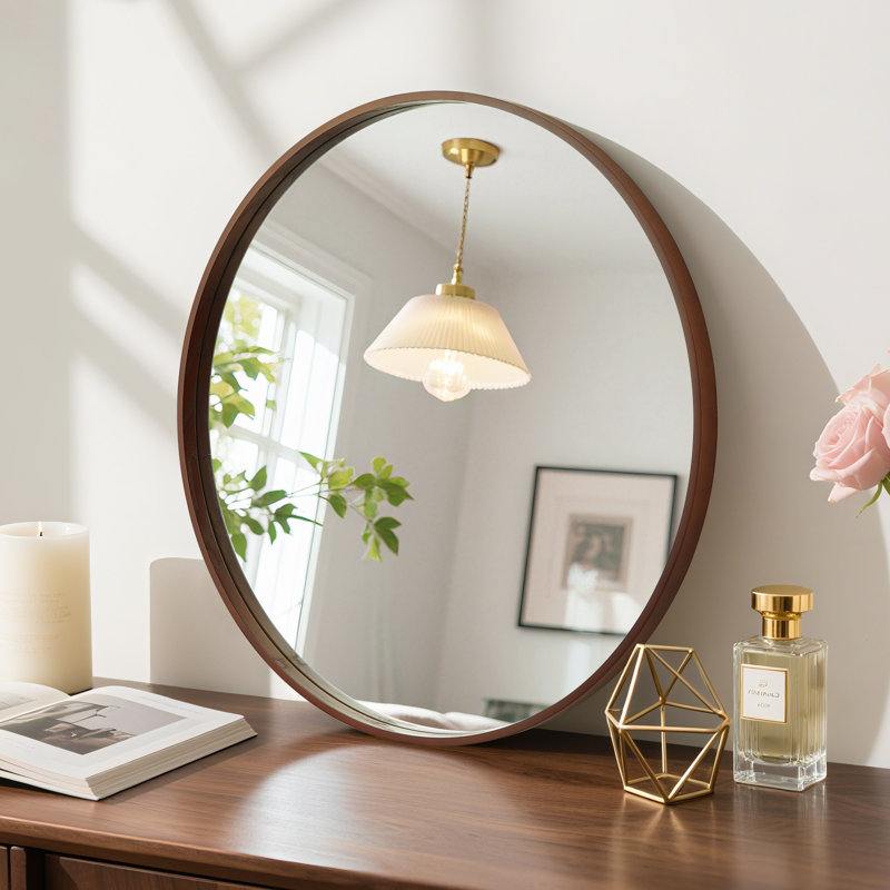 Karrina Accent Wood Round Mirror, 24" x 24", Walnut