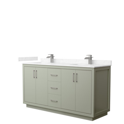Meuble-lavabo double de 66 po Icon en bleu foncé, comptoir en marbre de culture de Carrare, lavabos carrés encastrés, marbre de culture en nickel brossé