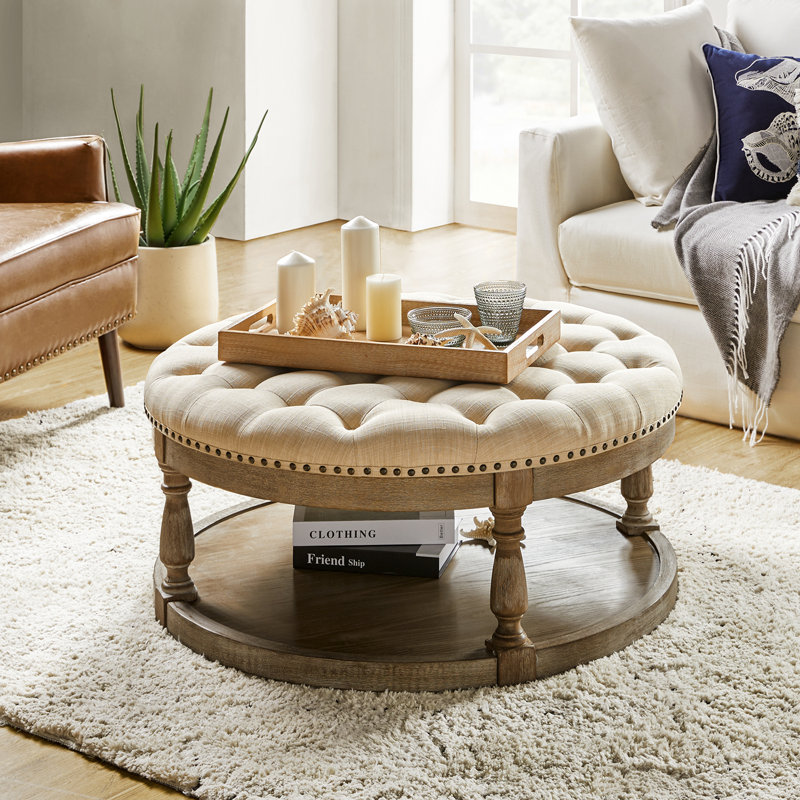 Lynde Kat Button Tufted Storage Ottoman, Beige Performance Linen