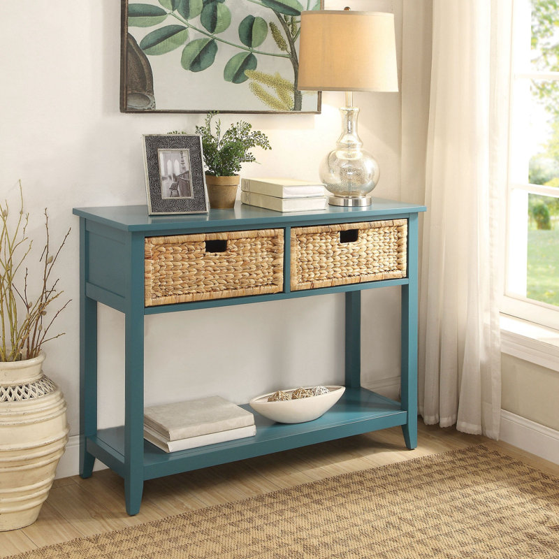 Lakendra Rectangular 2-Drawer Console Table with Bottom Shelf, Teal, 28" H x 44" W x 16" D