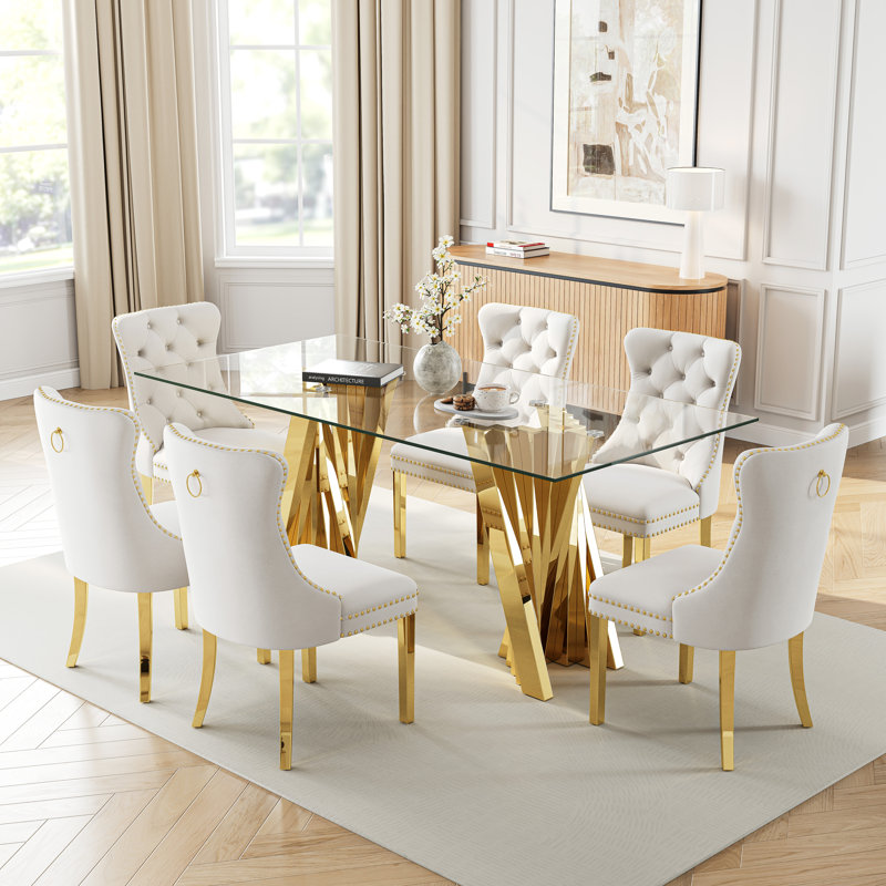 6 - Person Glass Top Double Pedestal Dining Set, Gold, White/Gold