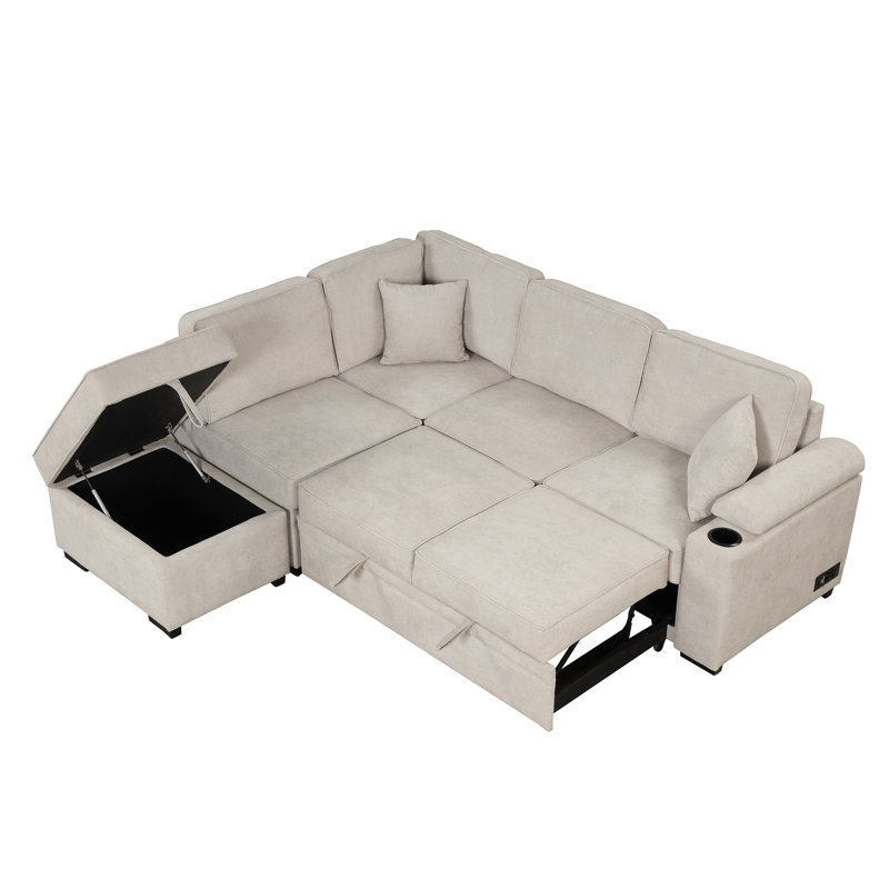 Canapé-lit en L avec repose-pieds avec rangement, 2 en 1 pour les petits espaces, Beige