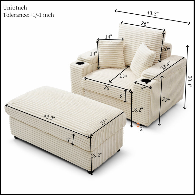 Fauteuil d'appoint surdimensionné avec repose-pieds, accoudoirs très larges et tissu velours côtelé pour un confort et un style ultimes