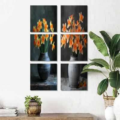 Jonquilles monochromes jaunes et orange dans un pot gris - ensemble d'art mural sur toile jonquilles de 6