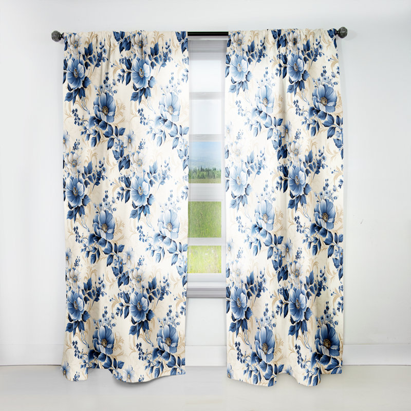 Panneaux de rideaux floraux à motif de treillis camée bleu cobalt I, L 52 po x L 90 po