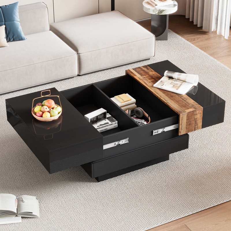 31.4''Square Coffee Table With Sliding Tabletop, High Gloss Centre Table With Hidden Storage Compartment, Black