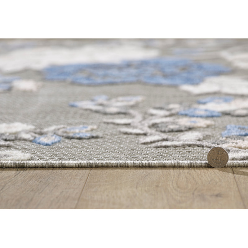 Floral Machine Woven Indoor / Outdoor Area Rug, Rectangle 7'10" x 9'10", Gray