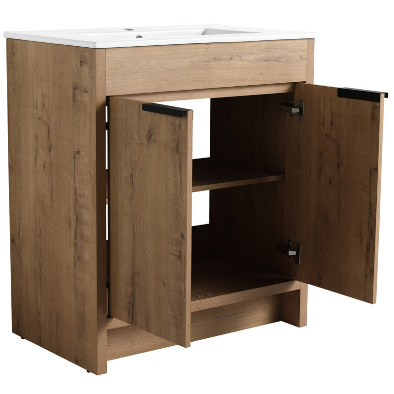 Meuble-lavabo autoportant de 30 po. Lavabo en céramique. 2 portes d'armoire. Base en contreplaqué. Moderne et autoportante. Fabrication à fermeture en douceur.