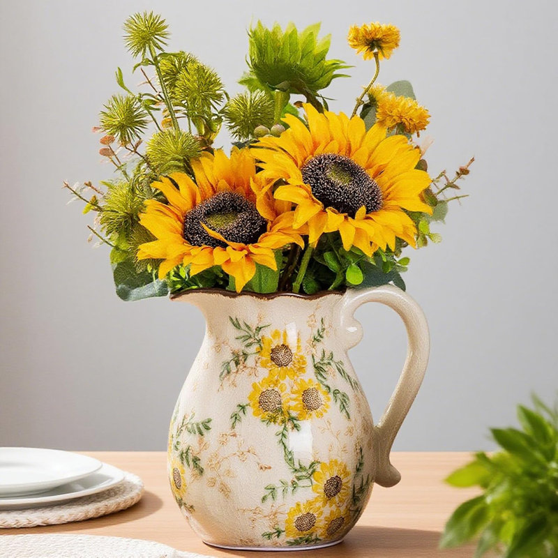 Vase floral rétro en céramique jaune avec poignée