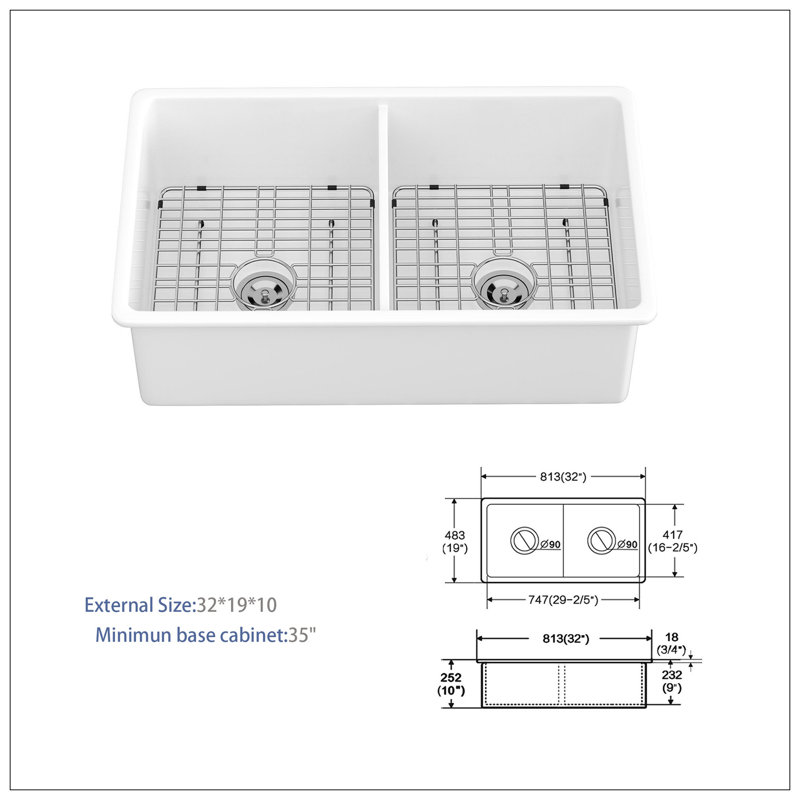 32" Undermount Double Bowl Ceramic Kitchen Sink - Dual Mount White Ceramic Rectangular Deep Double Bowl Sink Basin