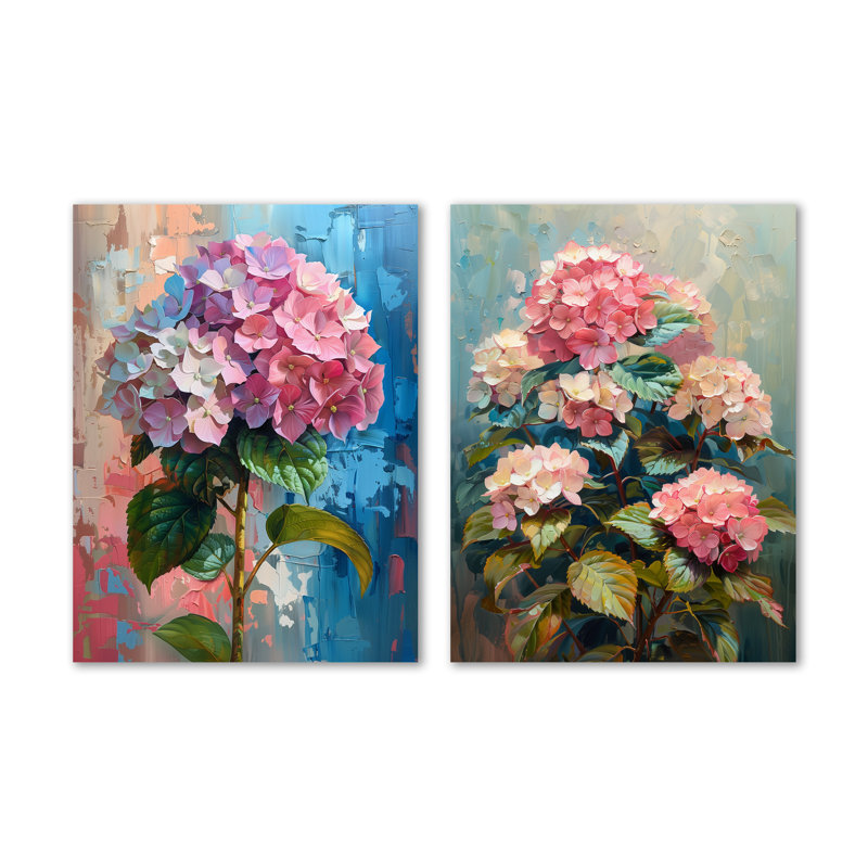 Hortensia rose et bleu qui fleurit en été II - ensemble de 2 impressions murales florales en métal, 32" H x 48" W