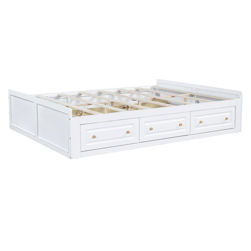Structure de lit plateforme en bois avec 6 tiroirs, Blanc