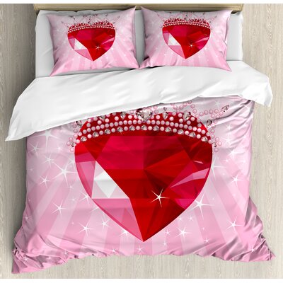 Vibrant Love Heart with Princess Crown Cartoon Style Romantic Kids Girls Room Decor Duvet Cover Set -  Ambesonne, nev_33600_king