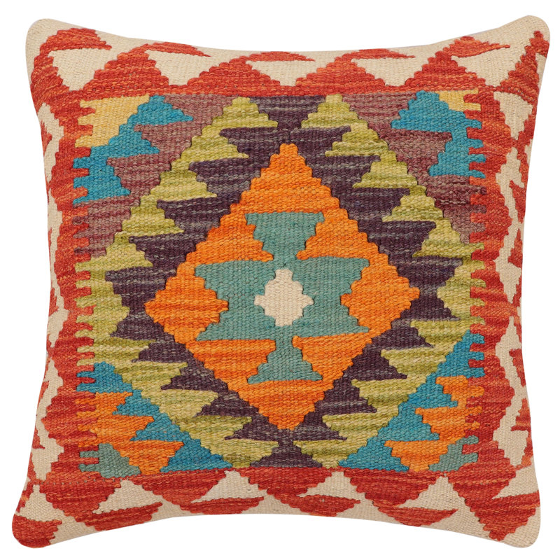 Coussin rustique en kilim tissé à la main Wilkie, H 17 po x l 18 po, Rouille / beige / bleu / mauve