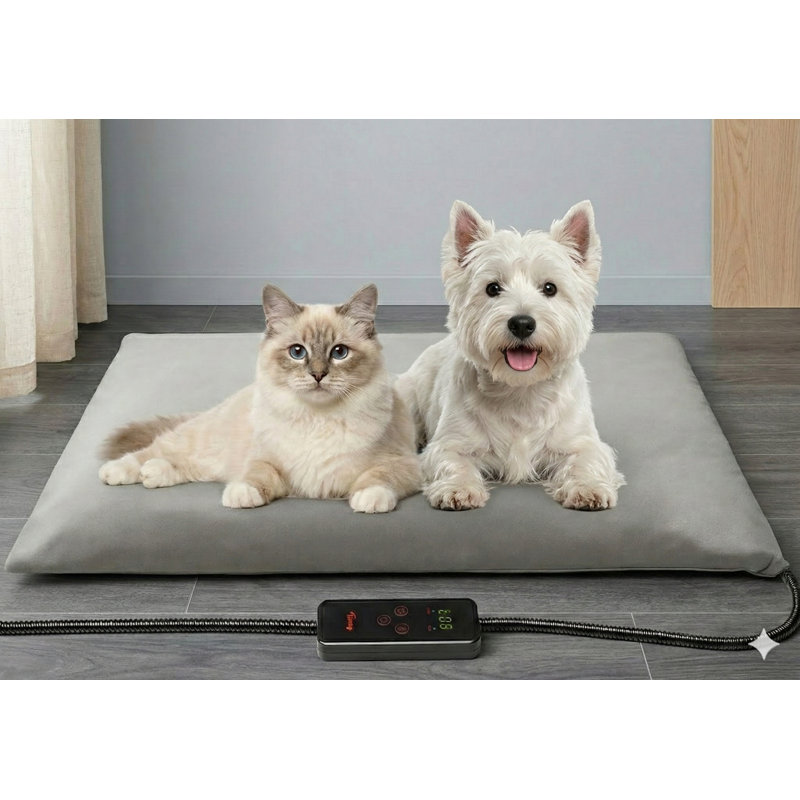 Grand tapis chauffant pour animal de compagnie mesurant 35 par 24 pouces, résistant à l'humidité, résistant à la mastication, doté de 6 niveaux de chaleur avec fonction de minuterie, convient à une utilisation à l'intérieur avec des canines et des félins