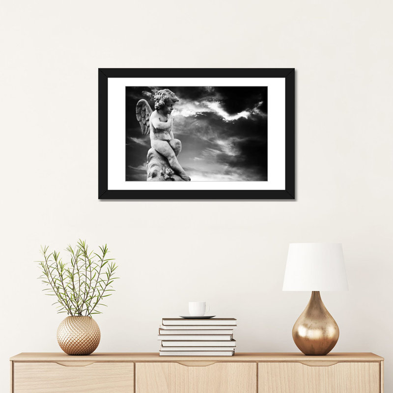 Sculpture d'ange, reproduction de photo sur toile, H 16 po x l 24 po x P 1 po, Papier avec cadre noir, Blanc