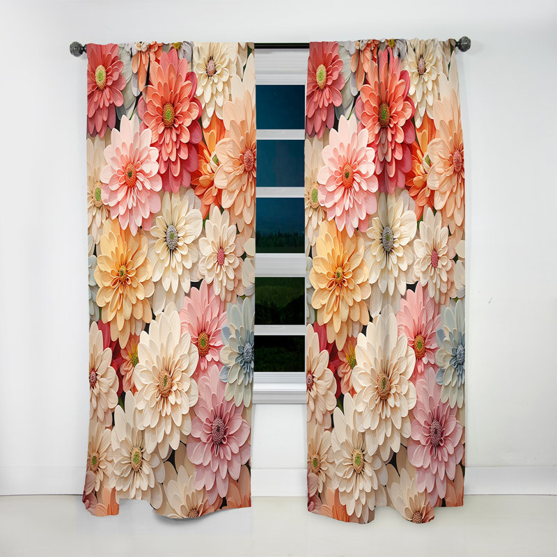 Bennison Collage of Beige Pink Zinnias Flowers - Zinnias Curtain - Velvet Room Darkening - 1 Panel, 52" W x 108" L