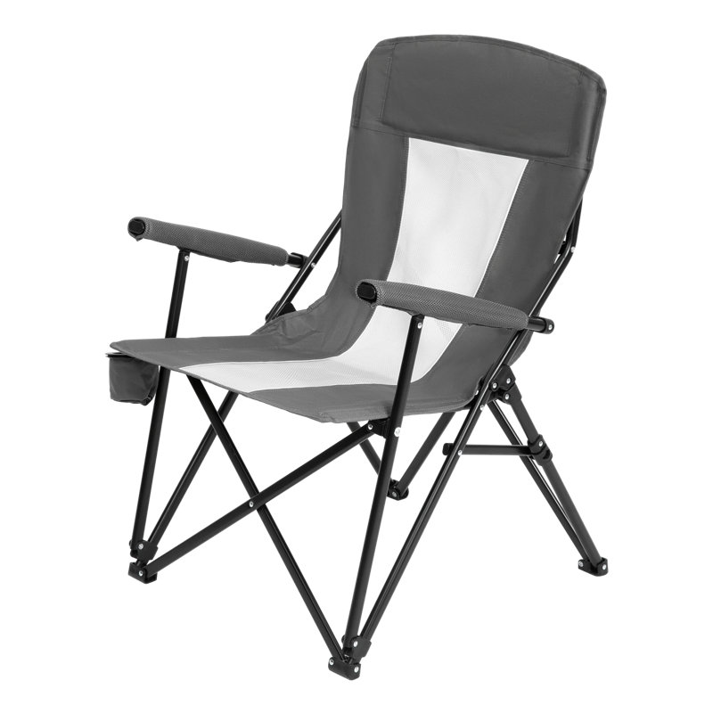 Chaise de camping pliante en acier quadruple en filet, avec porte-gobelet et sac de transport; Gris