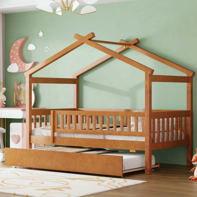Lit de maison en bois avec lit gigogne, conception fantaisiste pour les enfants, fabrication en bois de pin durable, peu encombrant et élégant