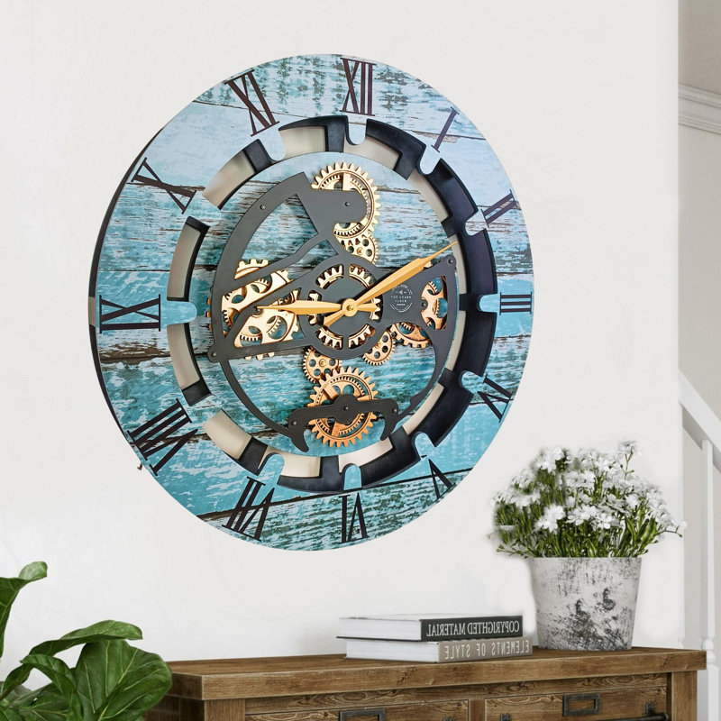 Wall Clock 24" Round Oversized for Living Room decor with Real Moving Gears Canada Collection, Aqua Green