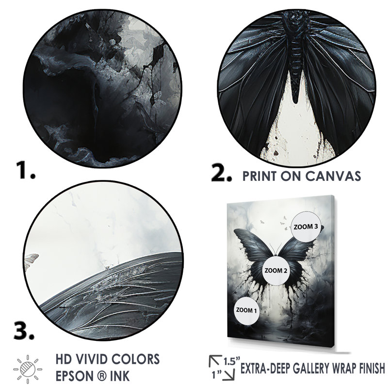 Papillon - Métamorphose monochrome - Décoration murale papillon, H 44 po x l 34 po x P 1,5 po, Cadre simple noir