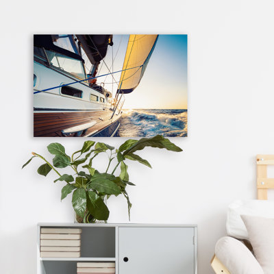 Wall art decor "Golden Sea Spray" - Serene Sailboat Close-Up on Wrapped Canvas