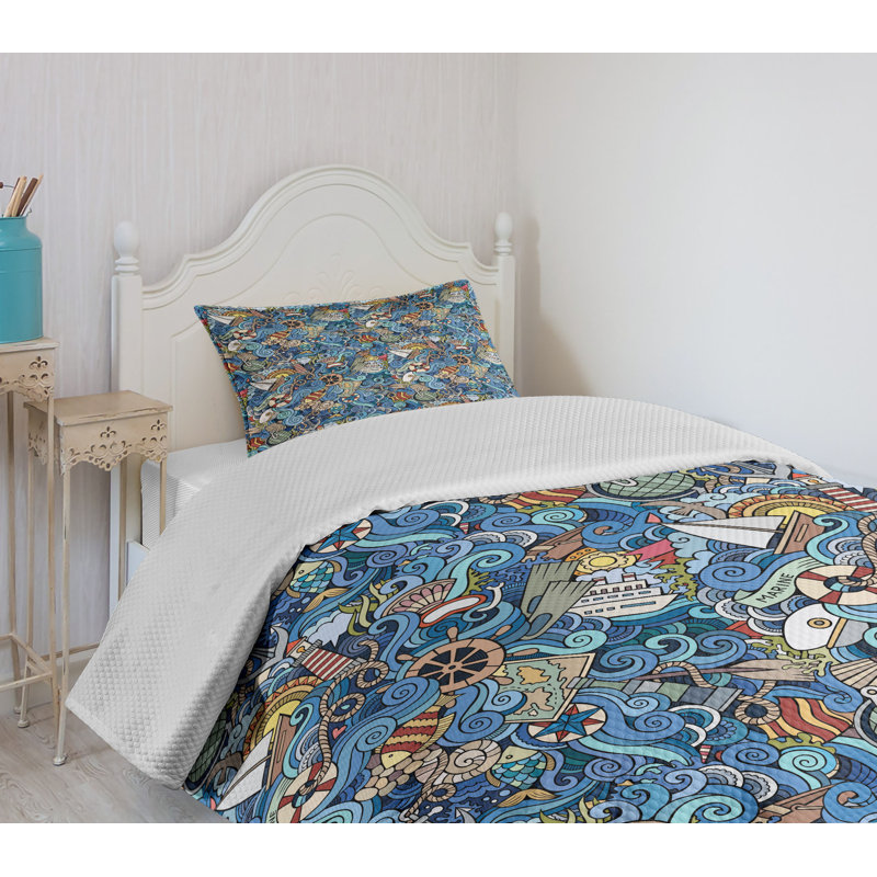 Twin White and Multicolor Quilted Bedspread Set