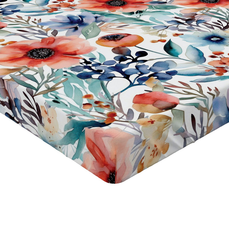 Drap-housse rustique Ambesonne, Drap-housse de taille très grand, Corail foncé, bleu ciel / floral 1
