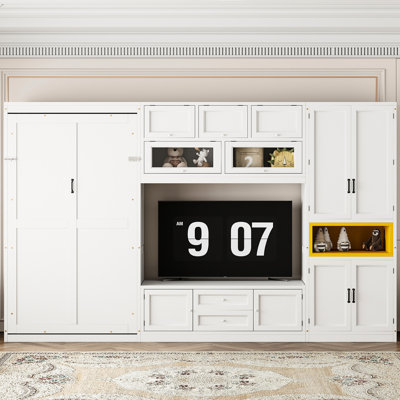 White Twin Size Bed With Built - In Tv Stand And Shelf Organization For Compact Areas Wooden Drawer Storage Space Efficient Apartment Bedrooms