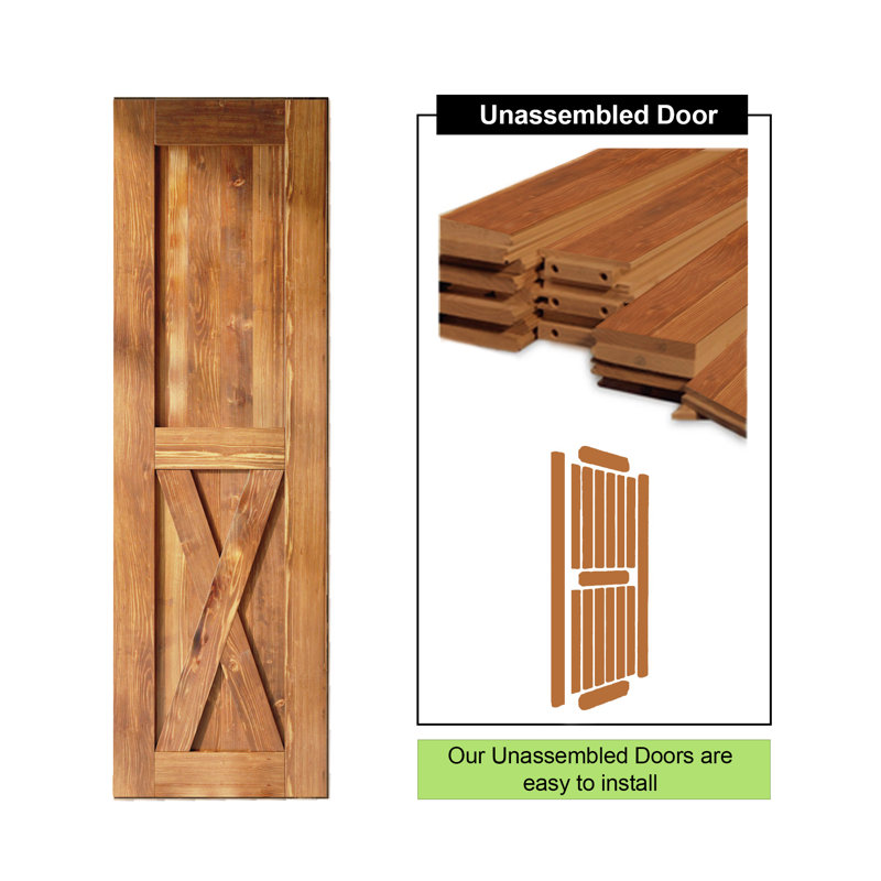96-inch Brown Pine X-Panel Barn Door with Black Hardware
