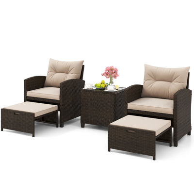 5 PCS Patio Rattan Furniture with 2 Wicker Ottomans & Tempered Glass Coffee Table Mix Brown + Beige
