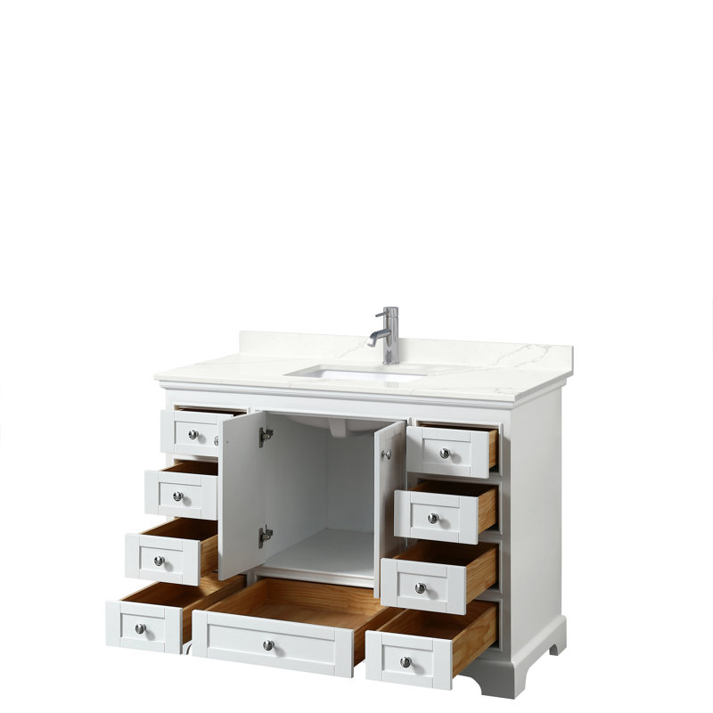 Ensemble de meuble-lavabo simple autoportant 48 po avec plateau en quartz Deborah, Blanc, Chrome poli, Quartz Giotto
