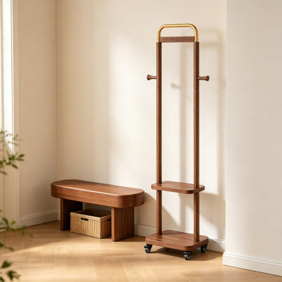 Portemanteau en bois avec tablettes, organisateur de vestibule roulant sur pieds avec roues et crochets verrouillables, support de rangement en bois d'hévéa noyer pour manteaux, sacs et chaussures