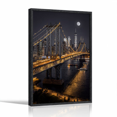 Manhattan Bridge and NYC Skyline at Night with Full Moon Canvas Wall Art