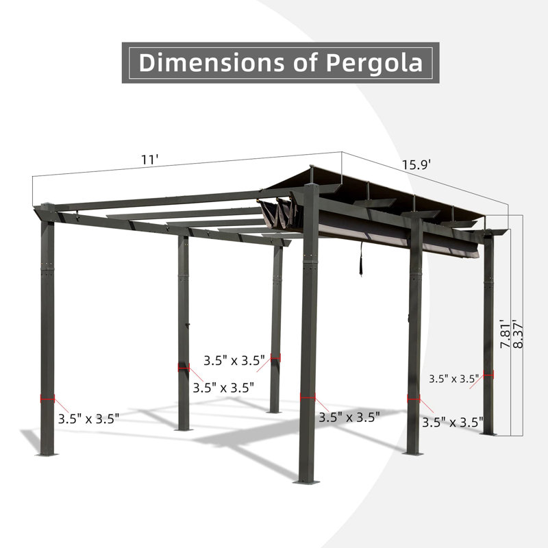 Pergola 11 x 16 pi pour cour extérieure - gris foncé. Fabrication en aluminium, auvent, réglable pour les rassemblements
