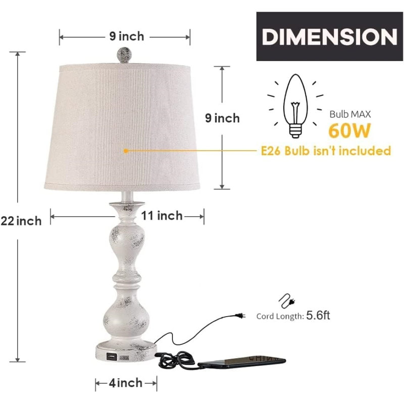 Ensemble de 2 lampes de table de chevet pour table de chevet avec 2 ports USB, ensemble de 2 lampes de table campagnardes en résine pour Noël, blanc antique