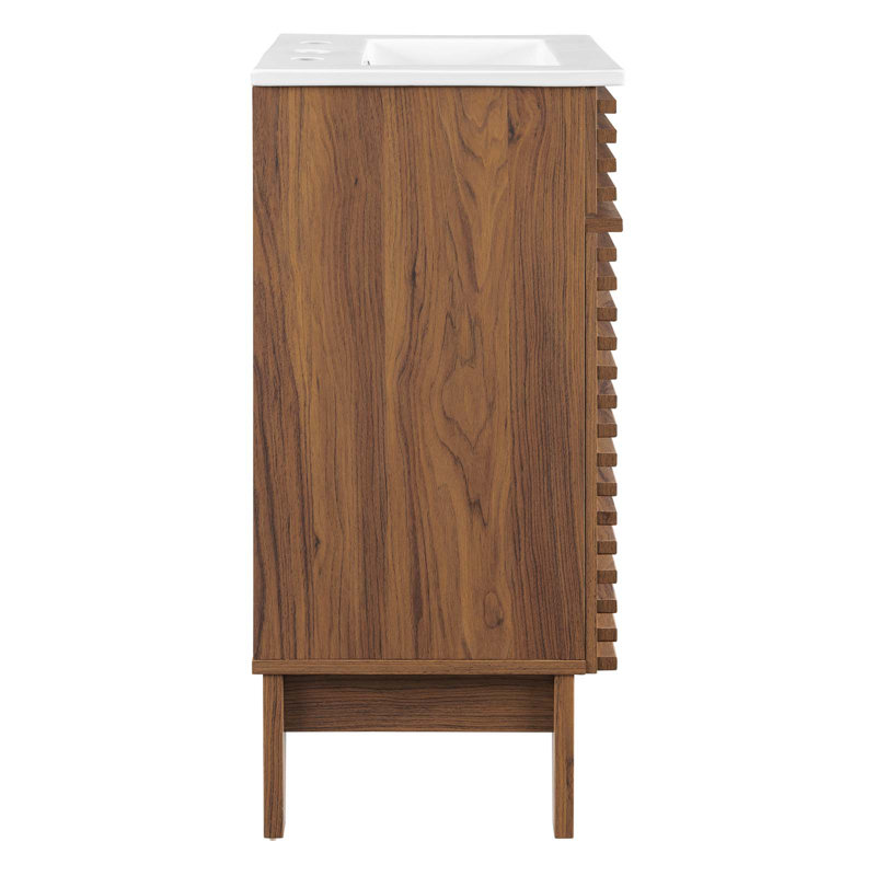 Walnut and White Mid-Century Modern Bathroom Vanity with Ceramic Sink