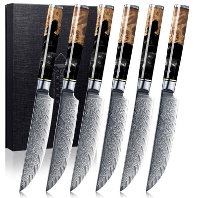 Senken Knives 6-Piece Damascus Steak Knife Set - Tsunami Collection - 67-Layer Japanese VG10 Steel - Razor Sharp Non-Serrated Blades, Resin & Natural