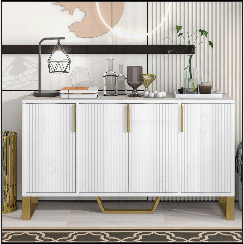 Buffet moderne avec quatre portes, poignées et pieds en métal et tablettes réglables pour le rangement de la cuisine, Blanc