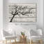 Arbre avec feuilles en noir et blanc sur fond effet bois rétro, impression sur toile rustique-2049015324-2141968063