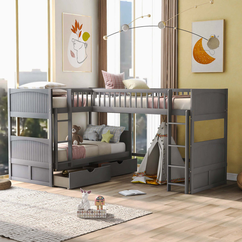 Lit simple superposé simple avec section de lit mezzanine attachée et deux tiroirs de rangement pratiques, gris, Gris
