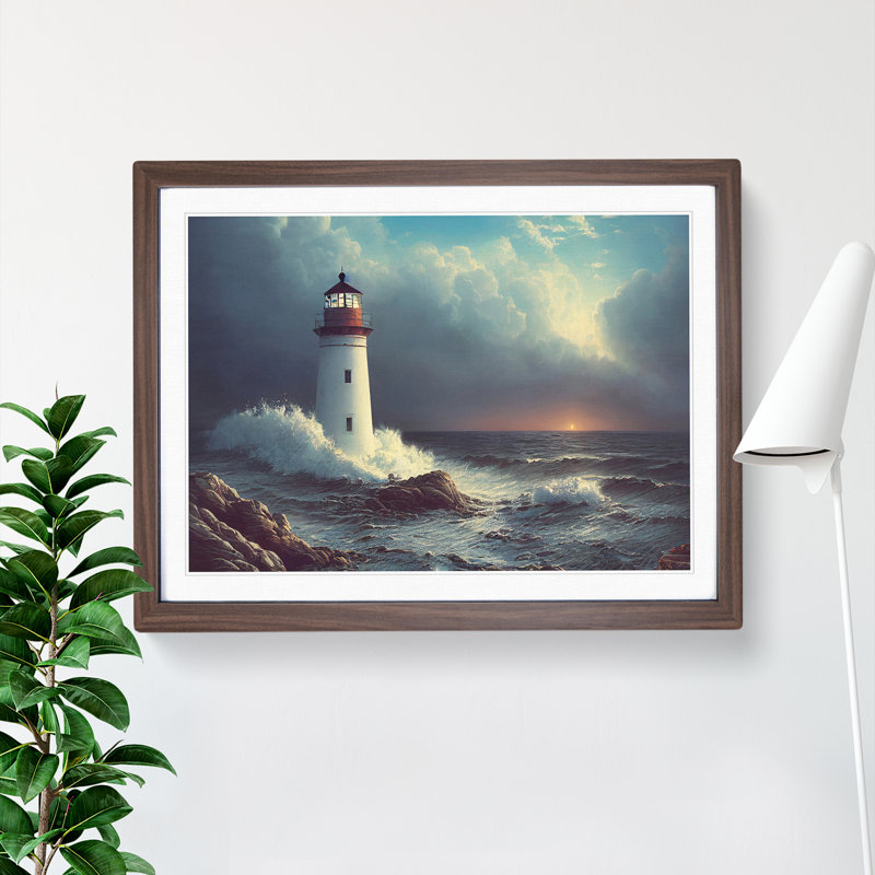 Interesting Lighthouse Seascape - Framed Print, 46cm H x 64cm W x 2cm D, Walnut