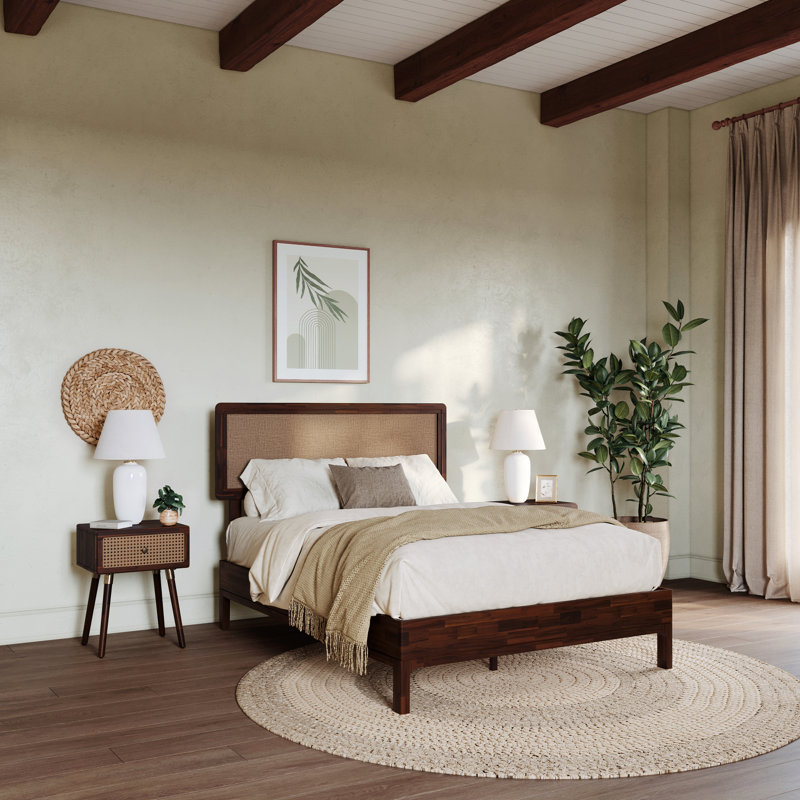 Anspach Solid Wood Platform Bed with Headboard, Bohemian Bed Frame, Full / Double, Walnut