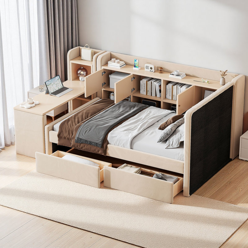 Lit de jour simple tapissier avec tiroirs, tablettes, armoires rabattables et table d'appoint, Beige