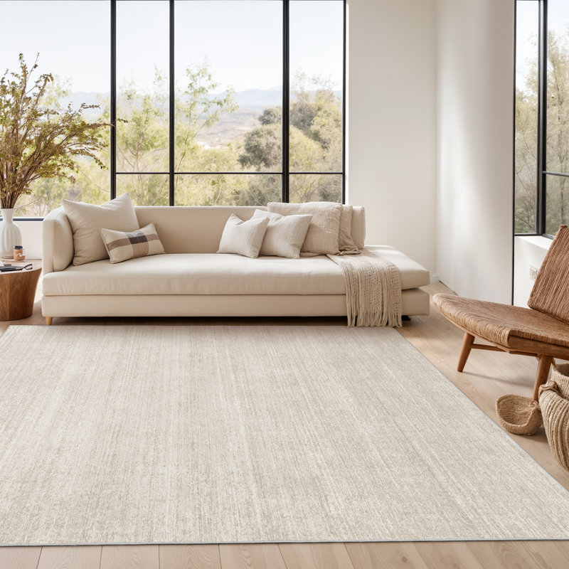Tapis lavable à rayures rétro antidérapant (beige), Rectangulaire 8 pi x 10 pi, Beige