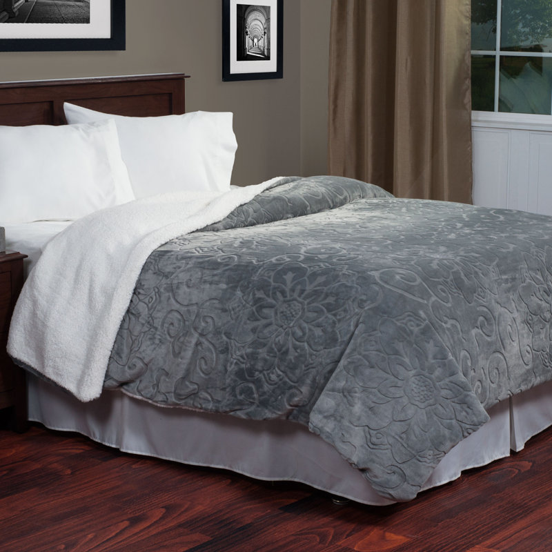 Grey Full/Queen Floral Etched Fleece Blanket with Sherpa