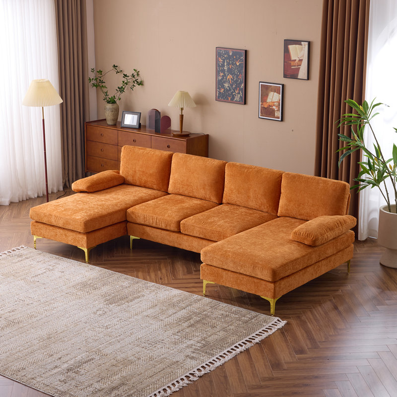 Trego Upholstered U-Shaped Sectional Symmetrical, Orange Chenille