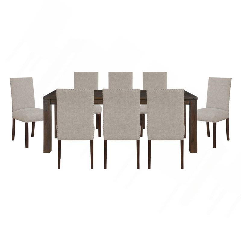 Ensemble de cuisine classique 9 pièces, table de finition brun foncé avec 8 chaises d'appoint à haut dossier rembourrées