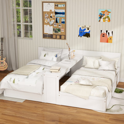 Ensemble de lit plateforme simple avec bureau de rangement réglable, 2 lits simples avec tablettes flexibles, installation à gauche, au centre ou à droite, lits simples pour 2 enfants avec bureau de rangement, blanc